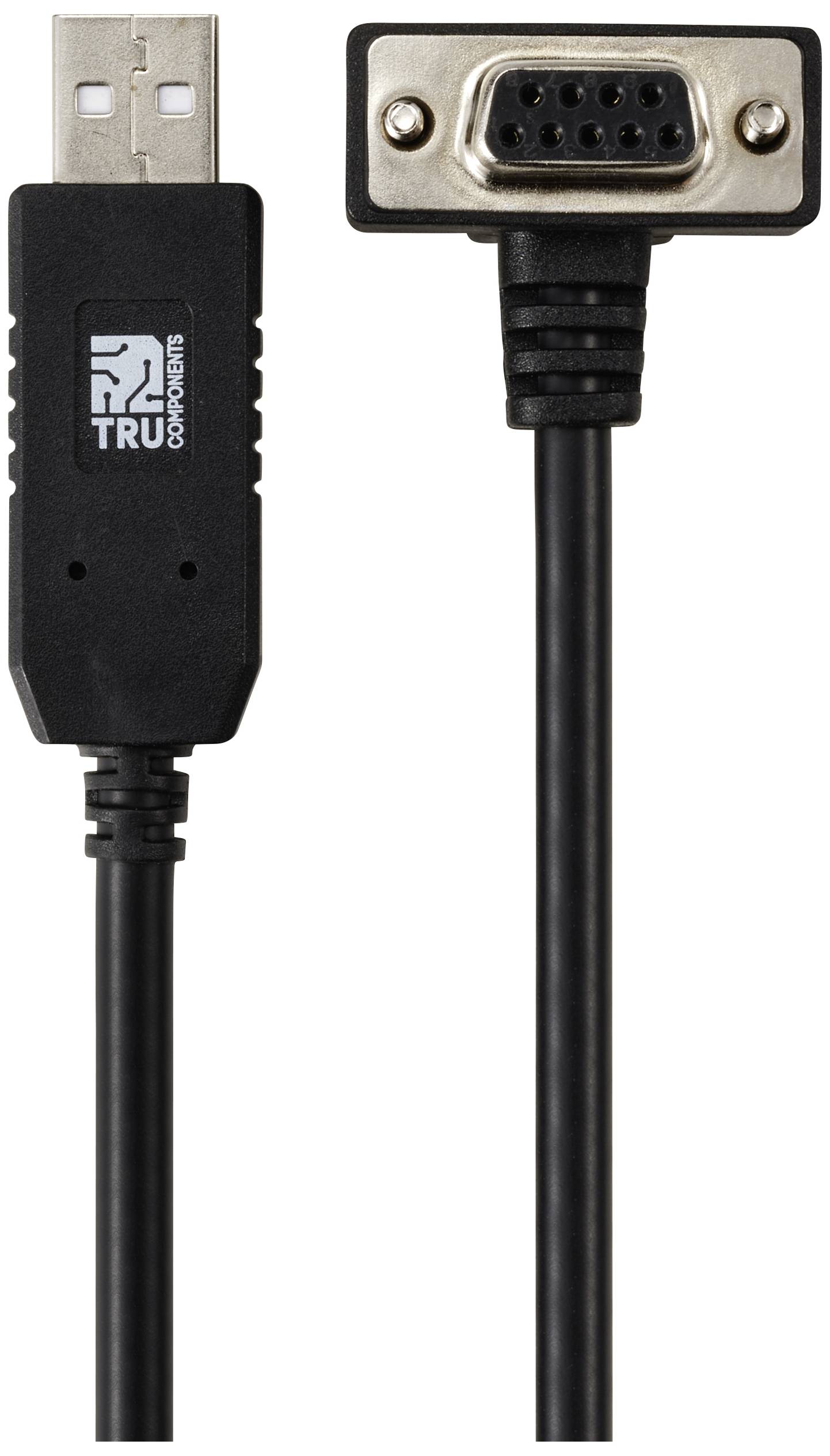 USB to Serial Adapter Cable, black, shows the USB plug and 9-pin serial connector. Connects modern devices with legacy serial interfaces.