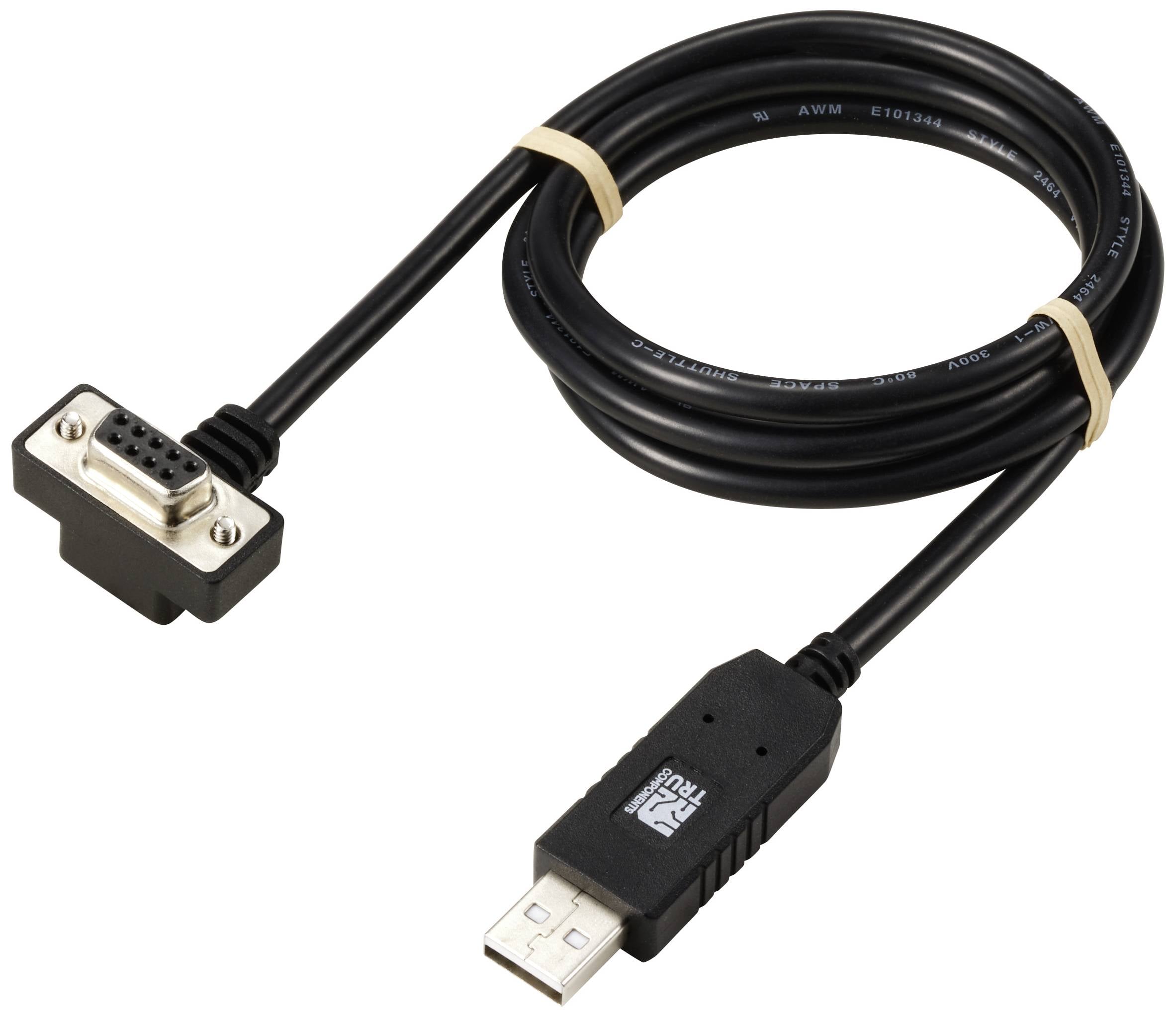'A USB-to-serial adapter cable with a USB plug on one side and a 9-pin serial port on the other side.'