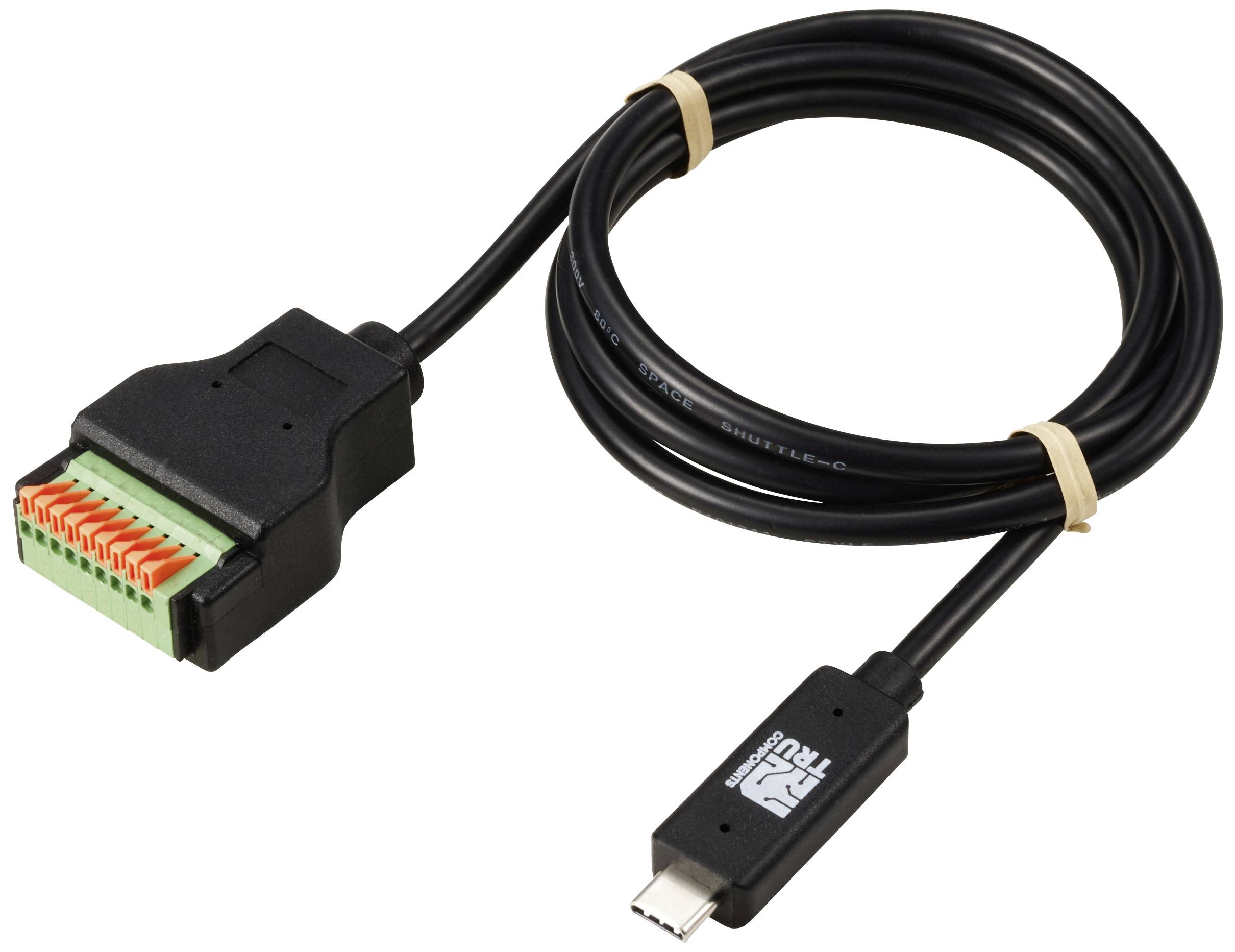 A black cable with a USB-C plug on one side and a green terminal block plug on the other side.