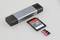 A USB card reader with two SD cards, one 16 GB and a smaller microSD card, lies beside it.