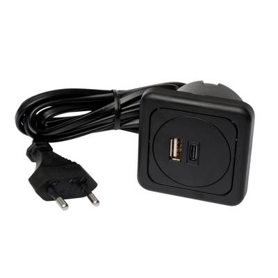 A black, square charger with a USB and USB-C port. Connected to it is a cable with an EU plug.