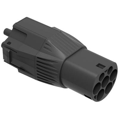 A black, cylindrical plug with multiple inlet openings and ribbed details. Technical design, presumably for cable connections.