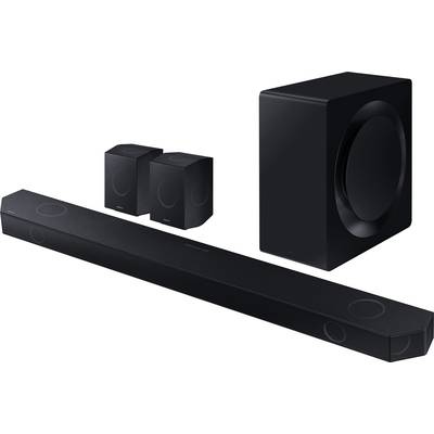 Black soundbar with two speakers and subwoofer. Modern design, suitable for home cinema audio experiences.