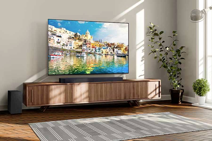 A large living room with a television on a wooden cabinet, showing a colourful harbour scene. A plant stands to the right beside it.