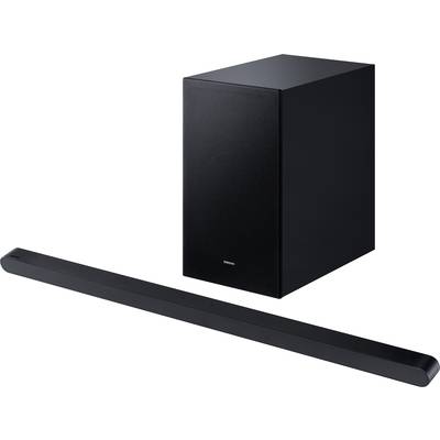 'Device set consisting of a black soundbar and its accompanying subwoofer, placed on a white background.'
