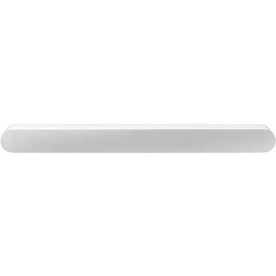 White soundbar with minimalist design, consisting of a slender, rectangular housing and featuring a grille on the front.