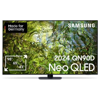 Samsung 2024 QN90D Neo QLED Television. Image shows size variants 43", 65", 98". Green-blue abstract design on screen.