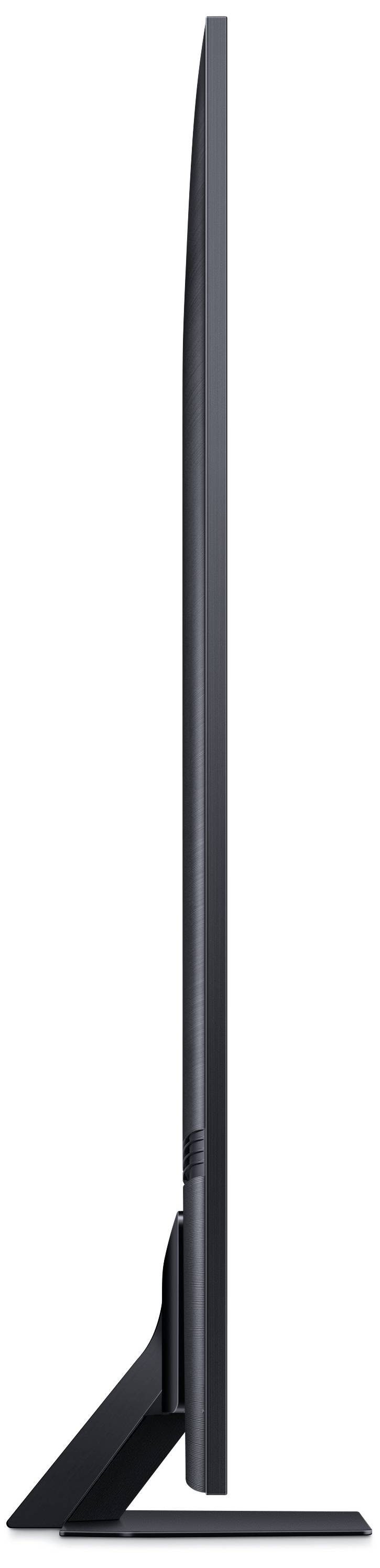A flat, side view of a modern monitor with a sleek design and sturdy stand.