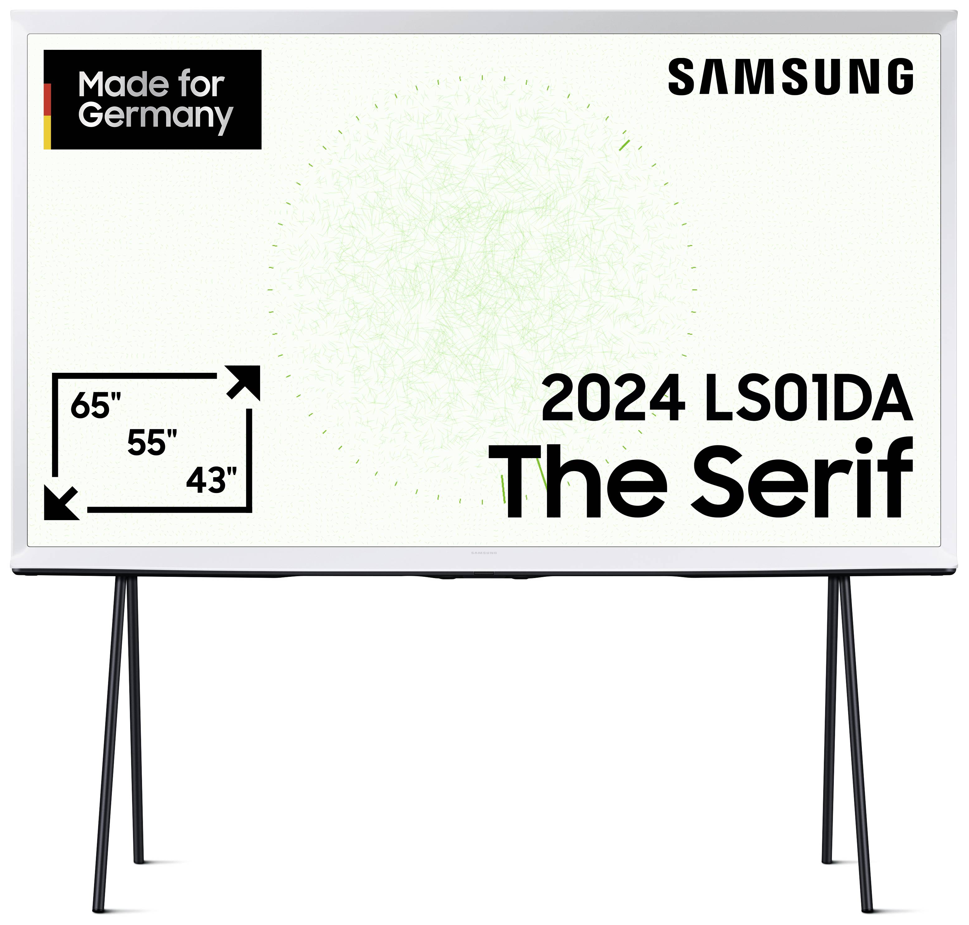 Samsung 'The Serif' TV 2024 with 43'' to 65'' display, inscribed with 'Made for Germany'. Model LS01DA sits on a minimalist stand.