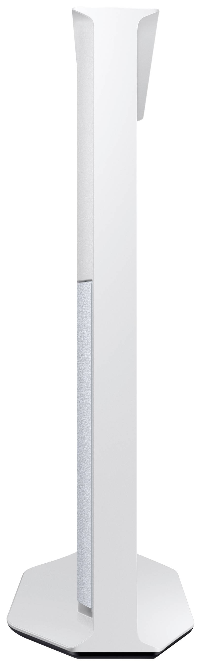White, slim standing loudspeaker with modern design on a hexagonal base. Suitable for home cinemas or contemporary living spaces.