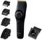 Black Panasonic hair clipper with four different attachment combs and charging station, ideal for professional applications.