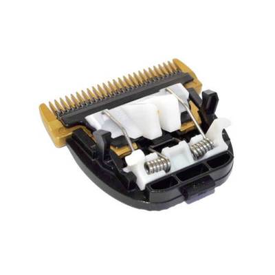 Hair clipper blade. Black and gold blade attachment with springs and plastic components, ready for installation.