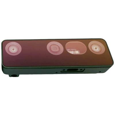 An electronic device with four sensors in a rectangular configuration, likely a 3D camera, resting on a white surface.