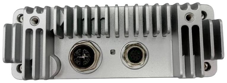 Metallic heat sink enclosure with fins. Two round connectors are visible, which are suitable for cable connections.