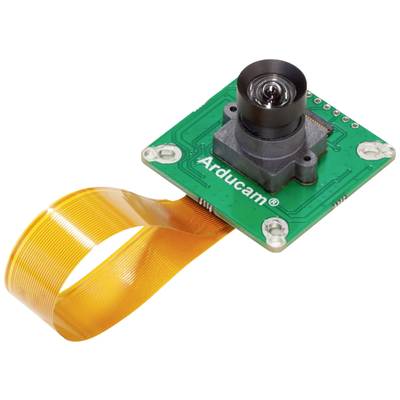 Small green camera module circuit board with lens and orange ribbon cable, marked with 'Arducam'.