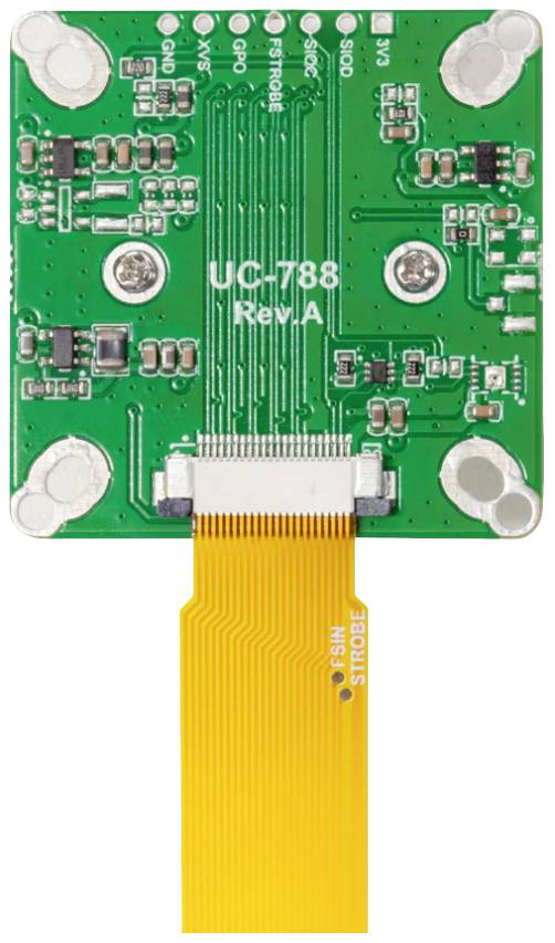 Green electronic circuit board with yellow flat ribbon cable. Text on board: 'UC-788 Rev.A'. Four mounting points at the corners.