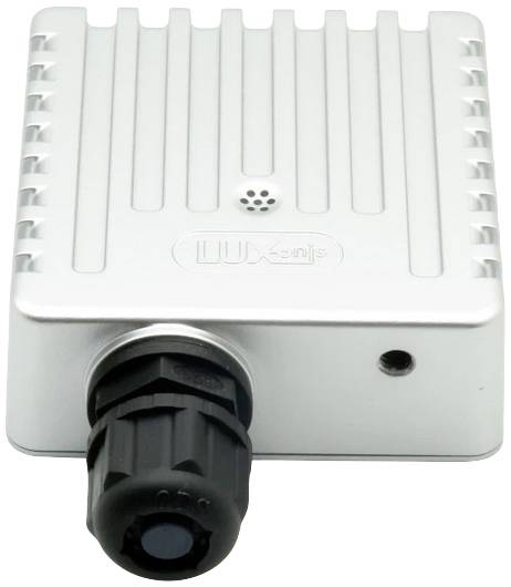 An electrical device with a ribbed, rectangular metal surface and a round, black connector on the front.