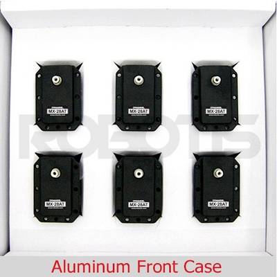 Six black aluminium front housings with the inscription 'MX-28AT' in packaging labelled 'Aluminum Front Case'.