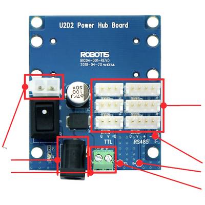 'Image of a blue electronic circuit board with the inscription "U2D2 Power Hub Board" and multiple connector ports and interfaces.'