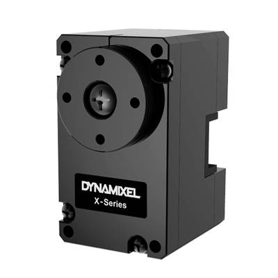 A black Dynamixel X-Series servo motor, compact and cube-shaped, with screw connections at the corners.