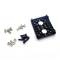 'Close-up of a black mounting bracket with various screws and nuts on a white background.'