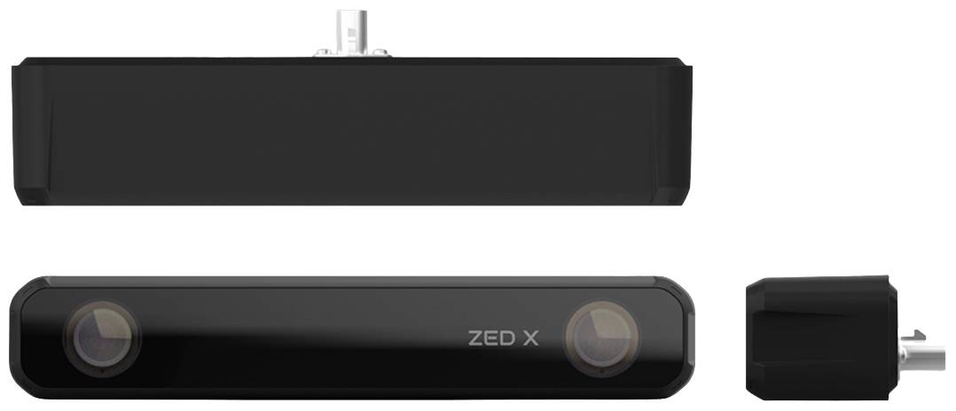 Camera ZED X with three views: Front, Top, and Side view. Front side shows two lenses used for depth capture.