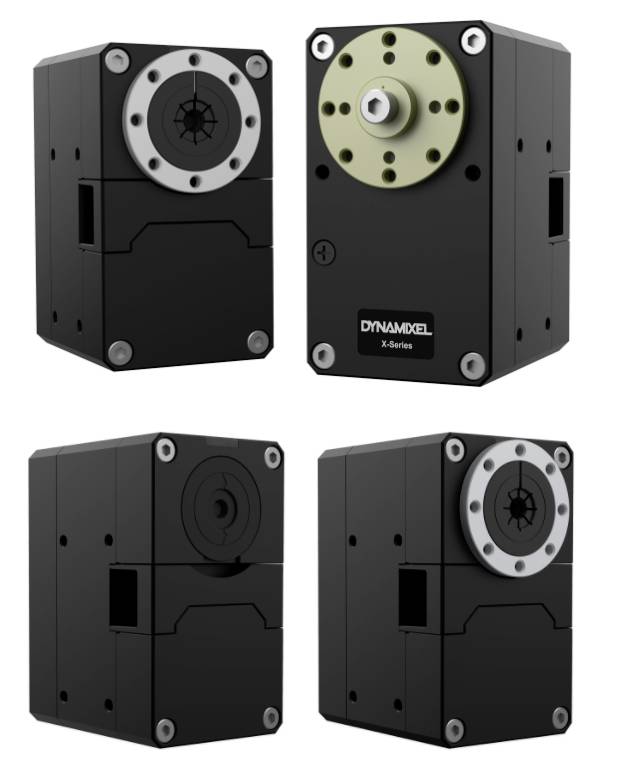 'Four black, cuboid Servo-Motors from the DYNAMIXEL X Series with various connection points and a marking.'