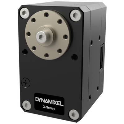 A black Dynamixel X-Series servo motor module with mounting screws and a central rotating shaft.
