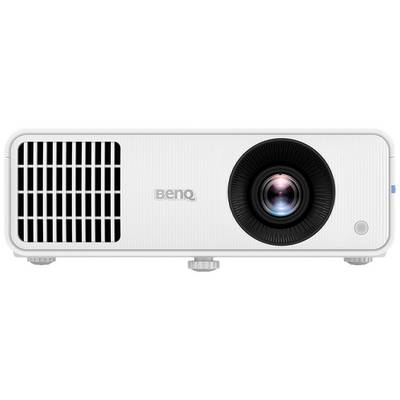 A white projector with a central lens and ventilation grilles on the left.