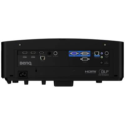 Rear view of a projector with HDMI, VGA and USB ports, along with audio inputs. Brand logo and technical details are visible.