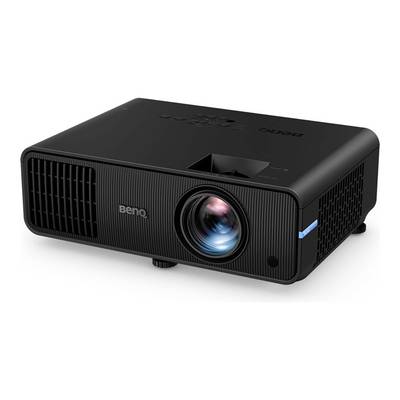 Black projector, side view, with illuminated lens. Brand name visible at the front. Device suitable for presentations or home cinema.
