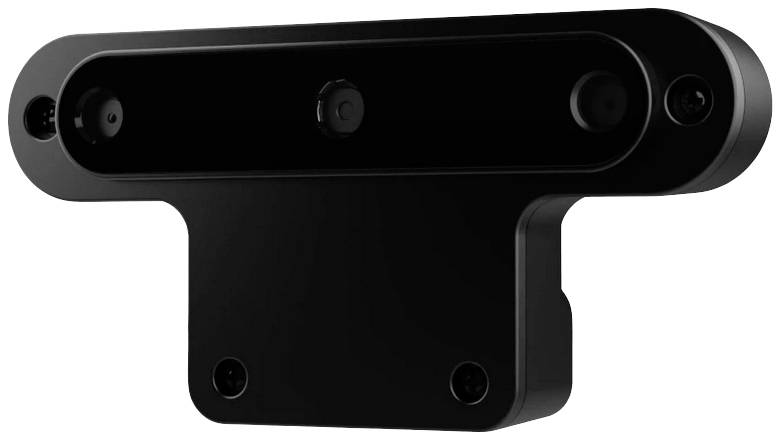 Black, rectangular camera with three lenses, mounted on a bracket.
