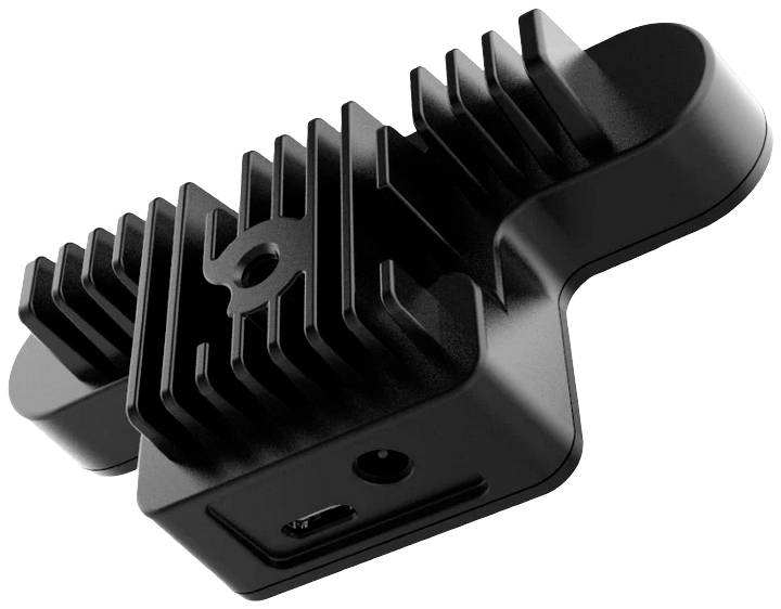 A black, rectangular device with a finned heat sink structure and a connection point on its underside. It is likely used for cooling or heat dissipation.