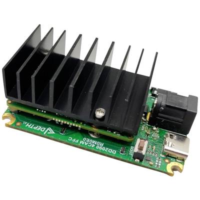 A small green circuit board with a black heat sink, rectangular connector, and multiple electronic components.
