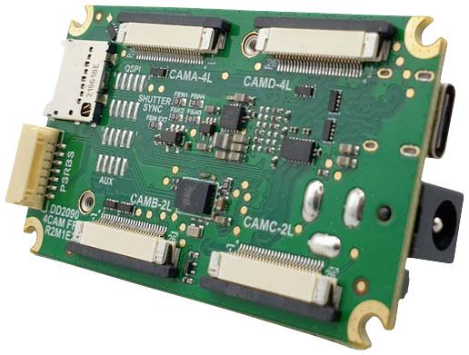 Printed circuit board with multiple connection points and electronic components, likely used for camera applications.