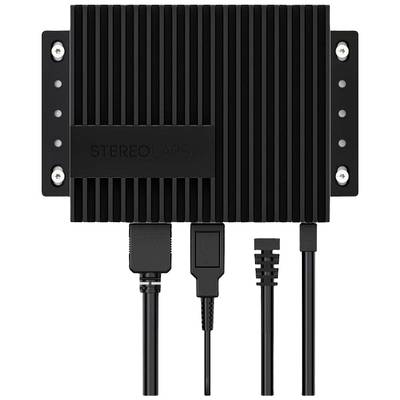 Black, rectangular device with a ribbed surface and multiple cable connections on the underside.