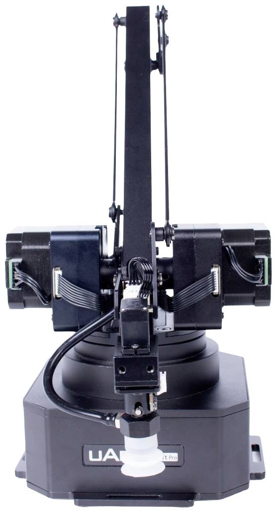 Industrial robotic arm in a vertical position, equipped with a gripper and multiple motors, suitable for precise automation tasks.