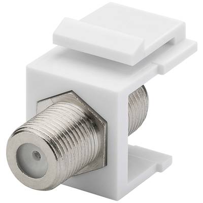 A white Keystone modular adapter with metal connection, suitable for connecting coaxial cables in network installations.