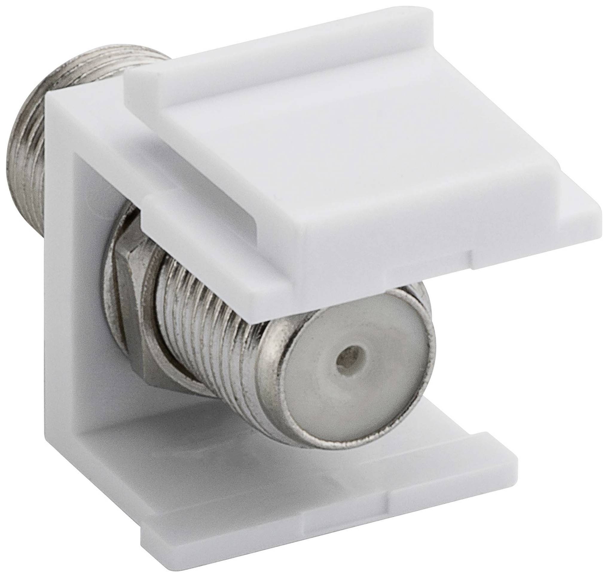 A white plastic holder with a metal bush, likely a coaxial connector, secured in a square mounting bracket.