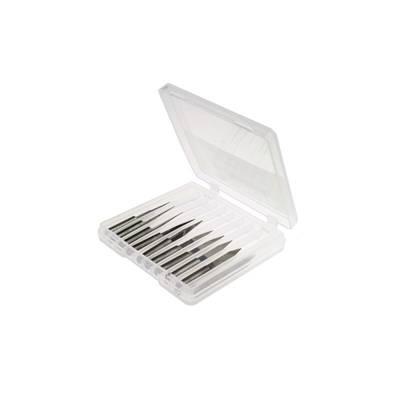 A set of nine precision files in various shapes in a transparent plastic case. Primarily used for fine work.