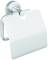 Stainless steel toilet roll holder with cover, wall-mounted.