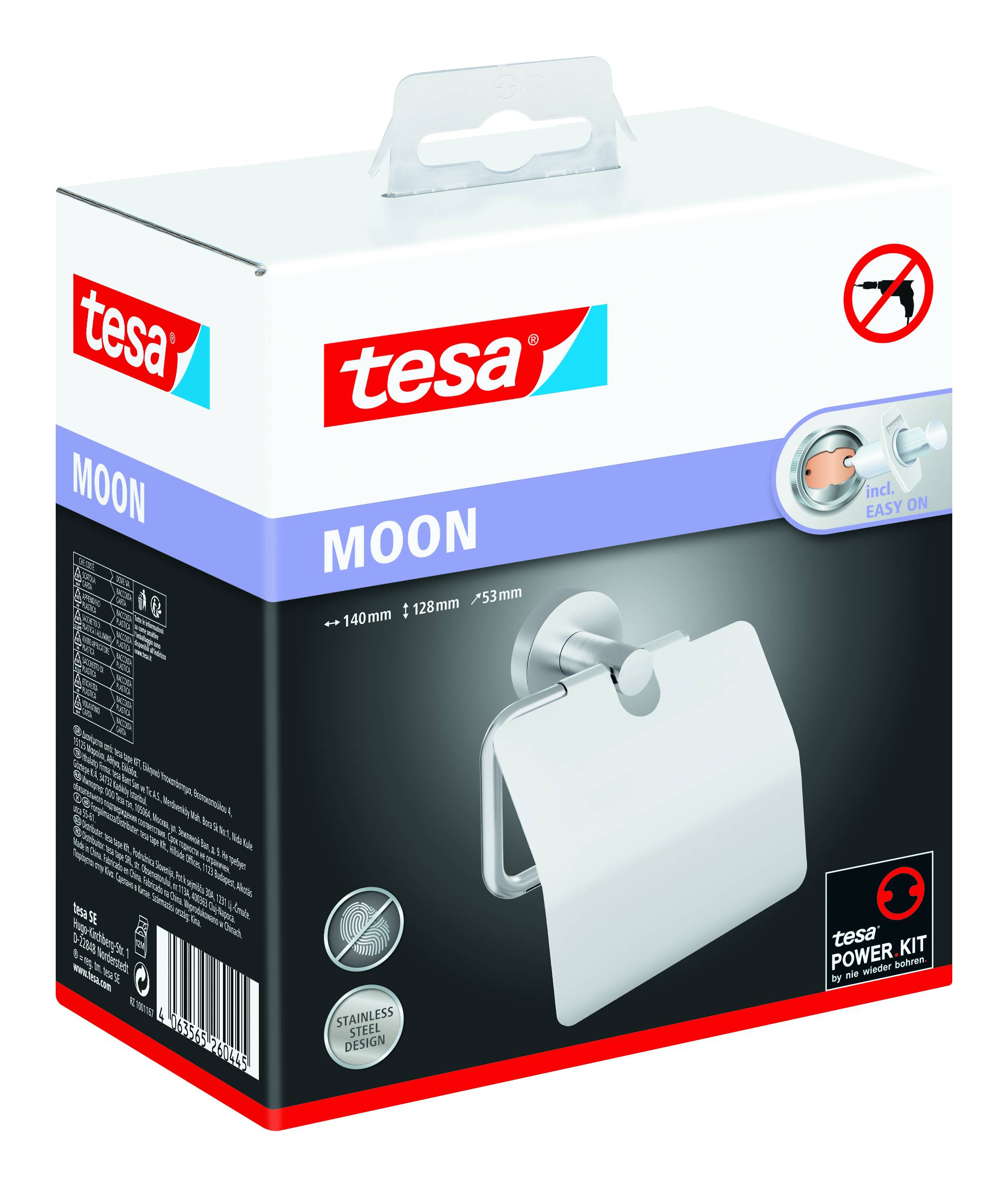 Packaging for a Tesa toilet roll holder 'MOON' with Easy-On technology. Displays product image and installation instructions.
