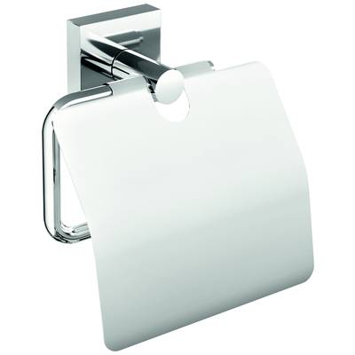 Modern toilet roll holder made of polished metal with a rectangular wall mounting and cover.