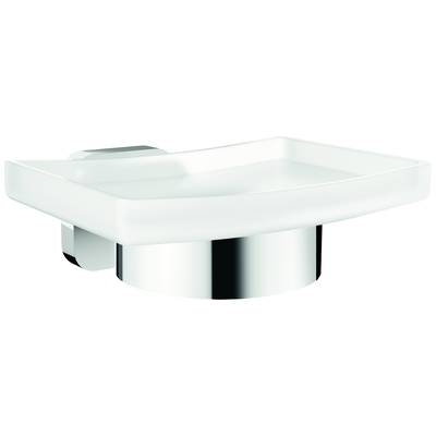 White rectangular soap dish with a shiny, silver-coloured holder. Suitable for wall mounting in the bathroom.