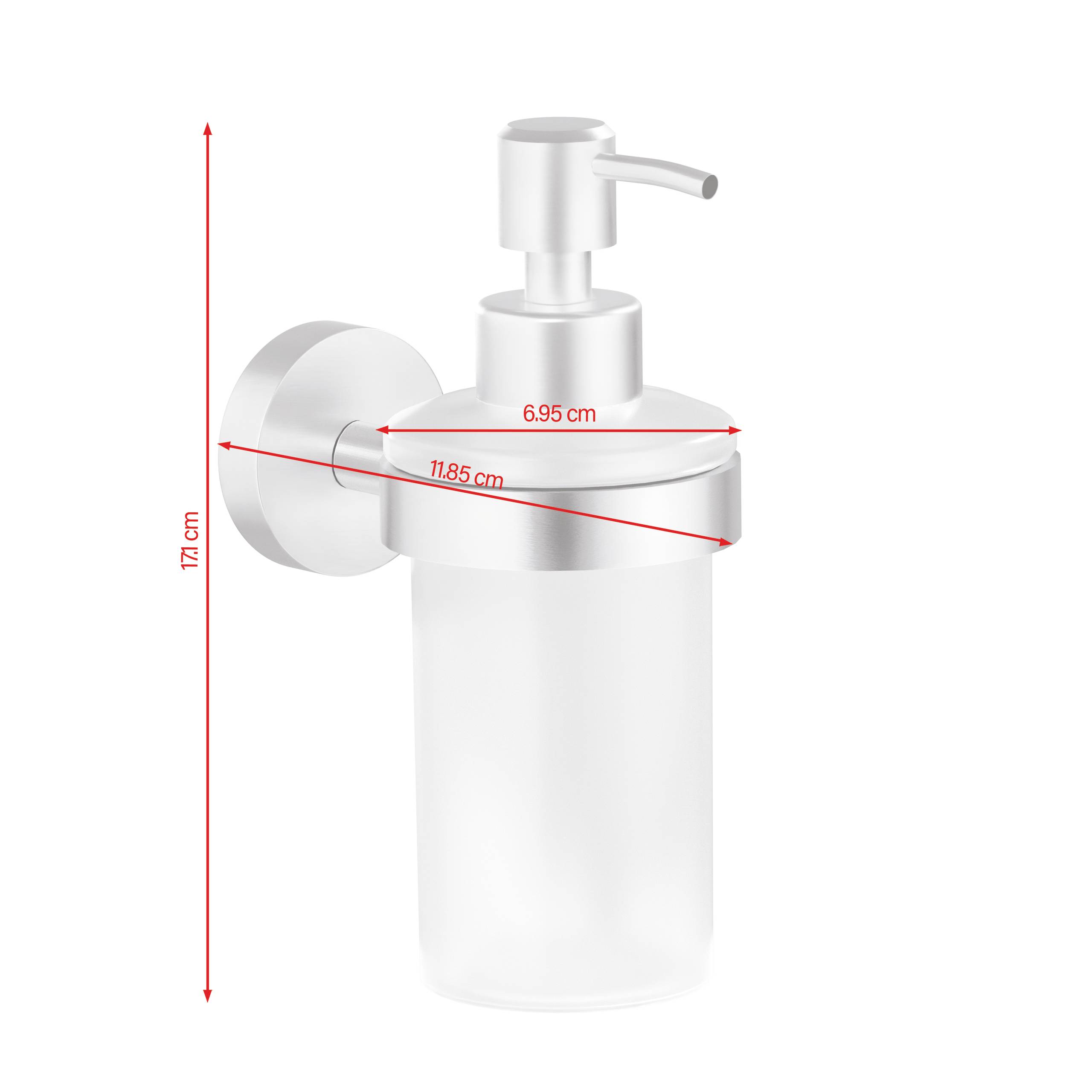 Stainless Steel Soap Dispenser with Wall Mounting. Dimensions: Height 17 cm, Width 11.85 cm, Depth 6.95 cm.