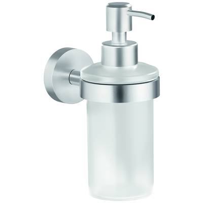 Soap dispenser made of frosted glass with a silver metal pump, wall-mounted. Ideal for bathrooms or kitchens.