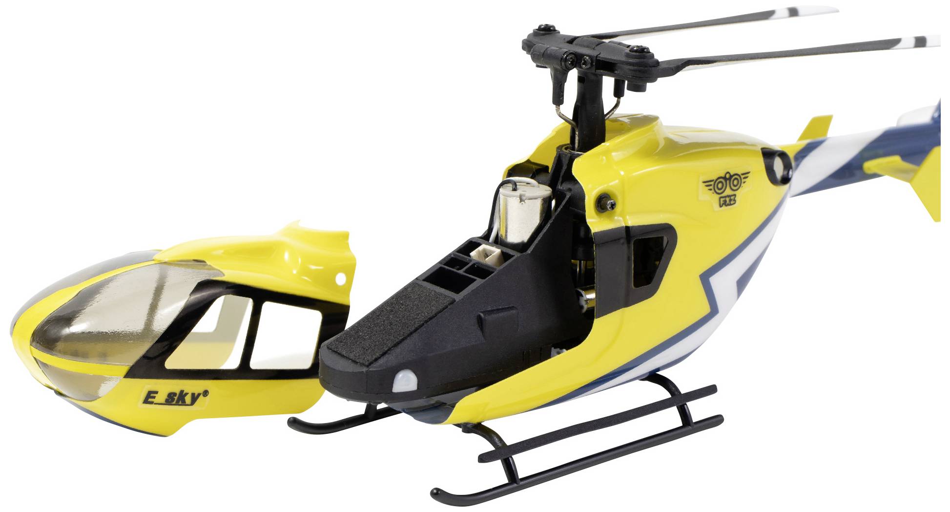 Yellow model helicopter toy with removable cockpit. Visible interior details. Suitable for children to play with.