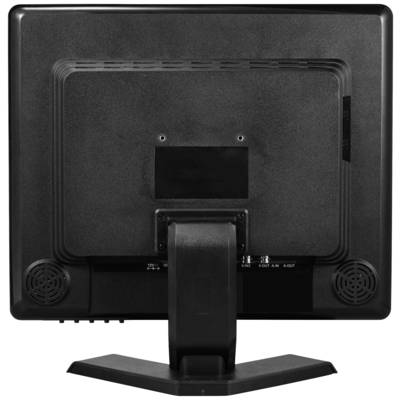 The screen shows the back of a black monitor with a sturdy stand. It has ventilation slots and ports.
