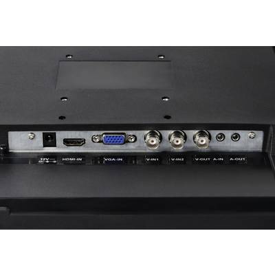 'Back of a monitor with various ports: HDMI, VGA, video inputs, video outputs, audio input and output.'