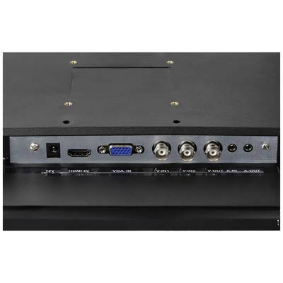 'Back of an electronic device with connections: power, HDMI, VGA, coaxial. Labels for inputs and outputs are visible.'